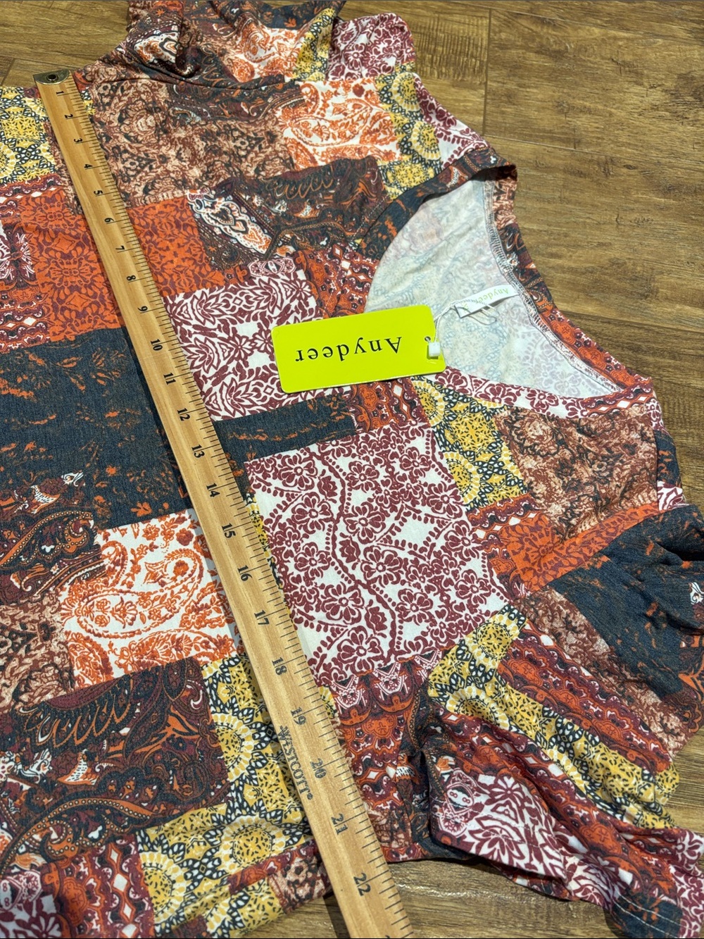 Rust Multi Patchwork V-Neck Short Sleeve Top - Picture 7 of 10